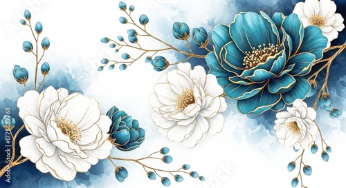 Sophisticated floral display isolated on white background showcasing white and teal peonies with golden touches, creating a luxurious and artistic composition