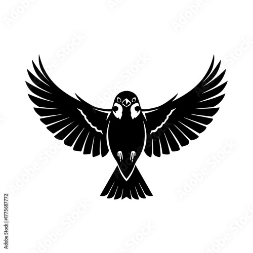 Black and white illustration of a sparrow in flight with wings spread wide