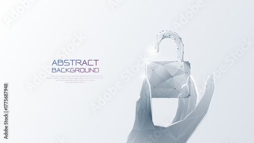 A hand holding a low polygon wireframe digital padlock. data cybersecurity protection