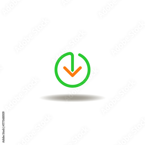 Vector illustration of arrow down. Symbol of downloading. Icon of download button.