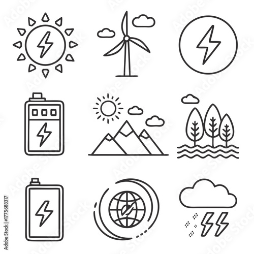 Set of renewable energy icons representing solar, wind, and hydroelectric power