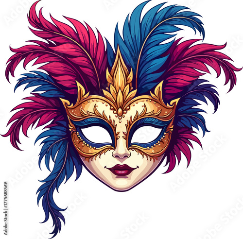 Colorful carnival masquerade mask with feathers, festive celebration accessory symbolizing mystery, elegance, fantasy and artistic expression