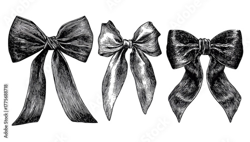 Four stylized, grayscale bows.  Each bow features varied shading and texture, creating a sense of dimension.  Ribbon tails extend outward from each