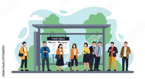 Flat vector of people waiting at city bus stop for World Public Transport Day, symbolizing community mobility and sustainable urban lifestyle