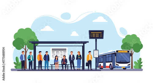 Flat vector of people waiting at city bus stop for World Public Transport Day, symbolizing community mobility and sustainable urban lifestyle
