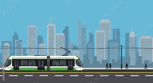 Flat vector of tram gliding through downtown street for World Public Transport Day, symbolizing sustainable and clean urban transit