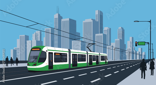 Flat vector of tram gliding through downtown street for World Public Transport Day, symbolizing sustainable and clean urban transit