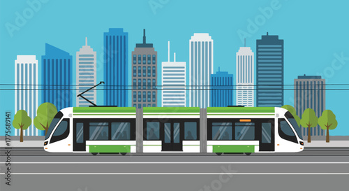 Flat vector of tram gliding through downtown street for World Public Transport Day, symbolizing sustainable and clean urban transit