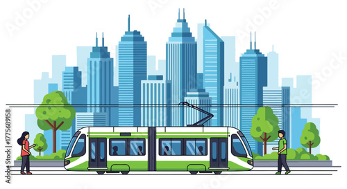 Flat vector of tram gliding through downtown street for World Public Transport Day, symbolizing sustainable and clean urban transit