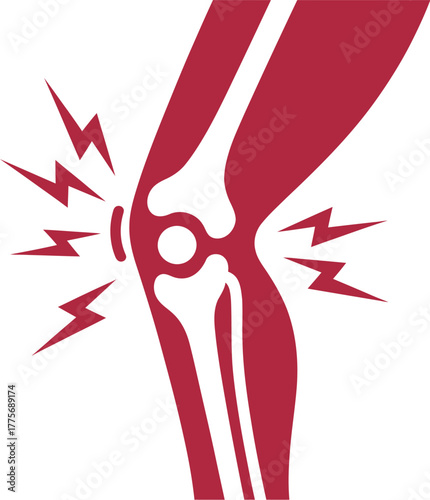 Illustration of a painful knee joint with sharp pain signals radiating outwards.