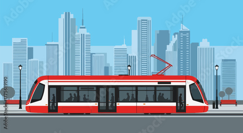 Flat vector of tram gliding through downtown street for World Public Transport Day, symbolizing sustainable and clean urban transit