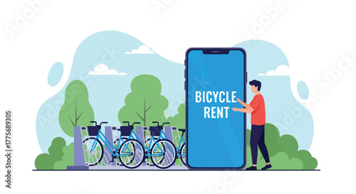 Flat vector of people renting bicycles from public station for World Public Transport Day, supporting green commuting and urban health
