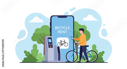 Flat vector of people renting bicycles from public station for World Public Transport Day, supporting green commuting and urban health