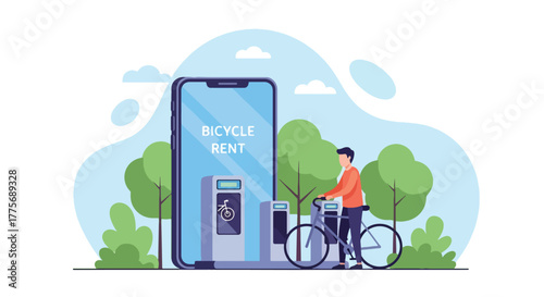 Flat vector of people renting bicycles from public station for World Public Transport Day, supporting green commuting and urban health