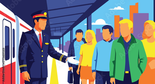 Flat vector of smiling train conductor greeting passengers at station during World Public Transport Day, service and hospitality concept