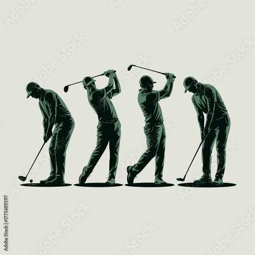 Golfer demonstrates the full swing sequence in four distinct poses.