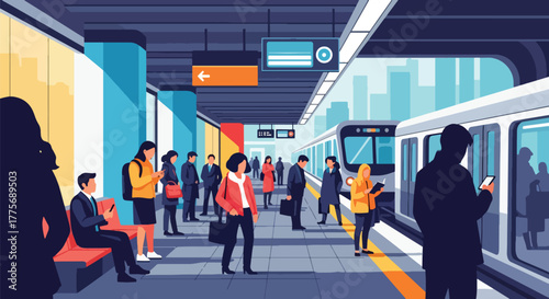 Flat vector of people waiting at modern subway station for World Public Transport Day, symbol of punctuality and organized mobility