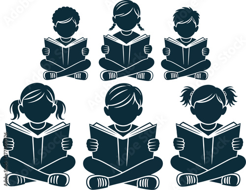 Children sit cross-legged and engrossed in reading books on a white background.