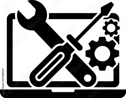 Computer repair and maintenance with tools and gears on a laptop screen.