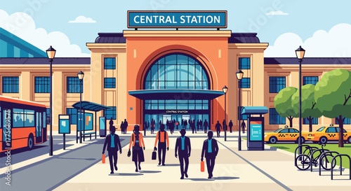 Flat vector of modern train station building decorated for World Public Transport Day, symbol of infrastructure and connectivity