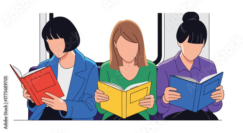 Flat vector of commuters reading books on train for World Public Transport Day, promoting mindful travel and productivity