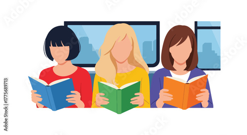 Flat vector of commuters reading books on train for World Public Transport Day, promoting mindful travel and productivity