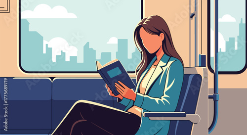 Flat vector of commuters reading books on train for World Public Transport Day, promoting mindful travel and productivity