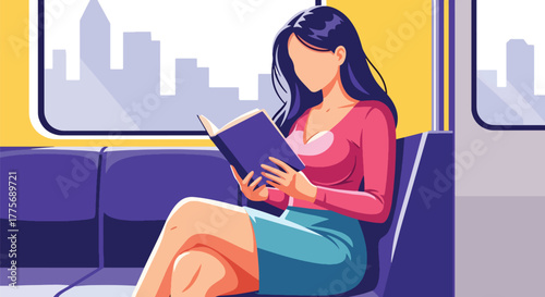 Flat vector of commuters reading books on train for World Public Transport Day, promoting mindful travel and productivity