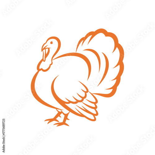 Orange vector silhouette of turkey. Farming poultry concept. Thanksgiving traditional symbol, autumn celebration