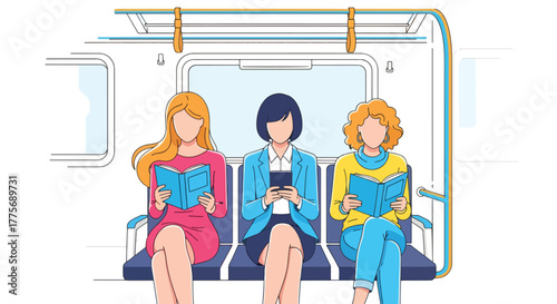 Flat vector of commuters reading books on train for World Public Transport Day, promoting mindful travel and productivity