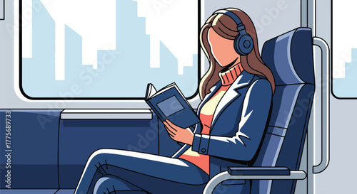 Flat vector of commuters reading books on train for World Public Transport Day, promoting mindful travel and productivity