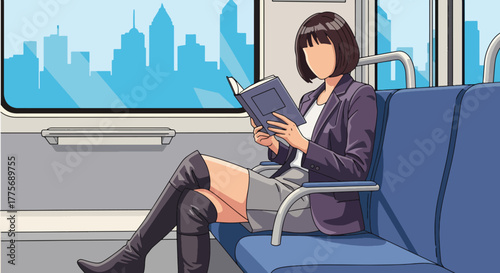 Flat vector of commuters reading books on train for World Public Transport Day, promoting mindful travel and productivity