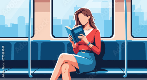 Flat vector of commuters reading books on train for World Public Transport Day, promoting mindful travel and productivity