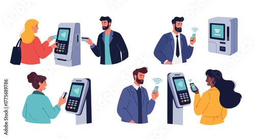 Flat vector of commuters paying bus fare with contactless card for World Public Transport Day, modern convenience and technology concept