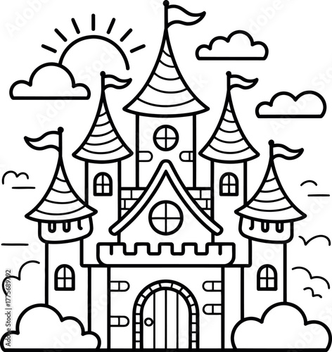 A whimsical cartoon castle stands proudly under a bright, smiling sun.