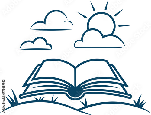 An open book rests on grass under a bright sun and fluffy clouds.