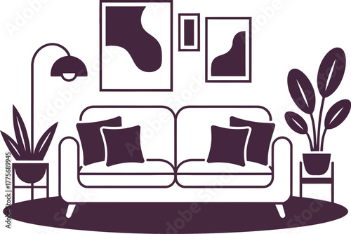 A minimalist living room features a sofa, artwork, and houseplants.