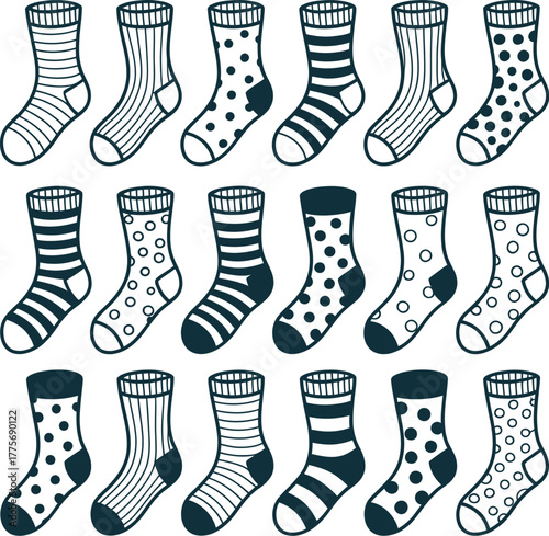 A collection of patterned socks with stripes and polka dots displayed.
