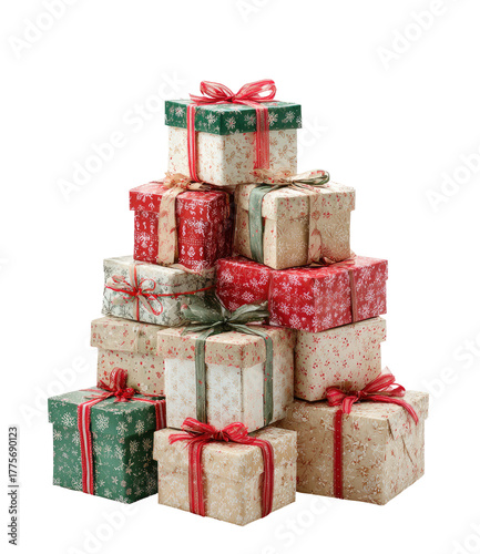 A pyramid of Christmas presents.  Stacked gift boxes in varying shades of red, green, and cream, adorned with festive patterns and red ribbons