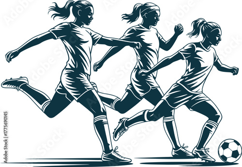 Three women soccer players in silhouette kicking a ball across a white background.