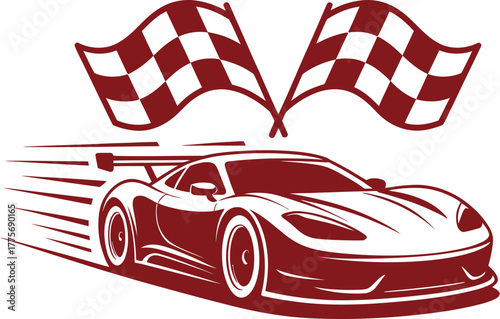 A sleek sports car speeds towards the finish line with checkered flags waving triumphantly.