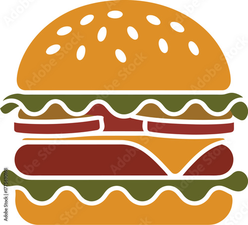A stylized illustration of a classic hamburger with all the fixings.