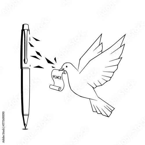 Conceptual line art showing a peace dove with a message flying from a writer's pen, symbolizing diplomacy, hope, and the power of words