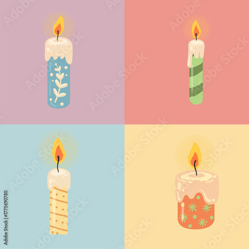 Four colorful candles with different designs and melting wax, each with a lit flame.