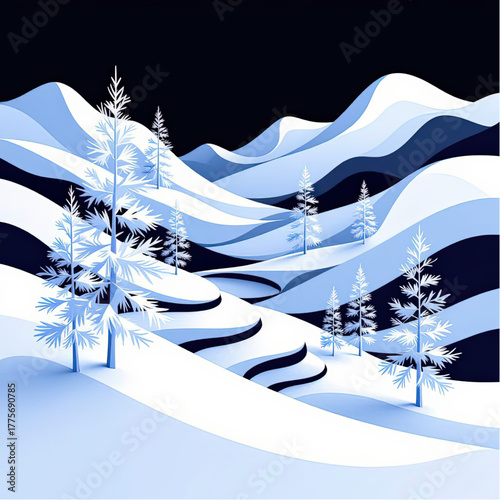Abstract, imaginary, curved winter landscape composed of stacked snowdrifts and minimal trees, black and white.eps