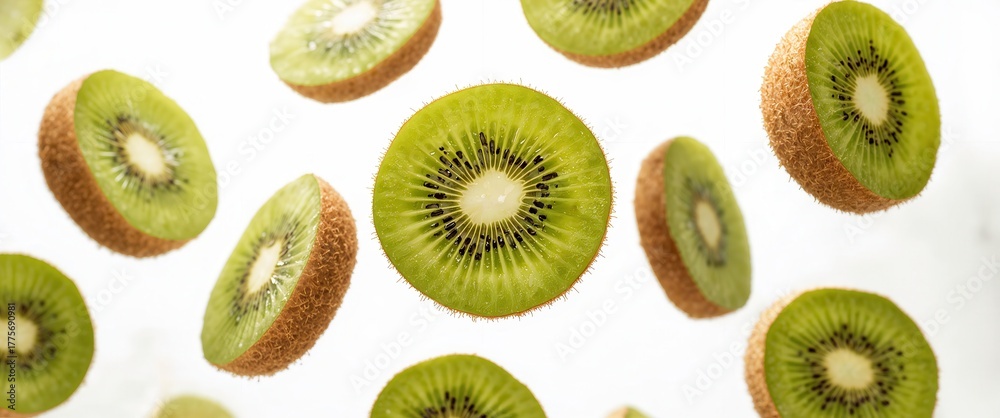 Fototapeta premium Slices of kiwi fruit floating against a stark white backdrop showcasing fresh, juicy produce.