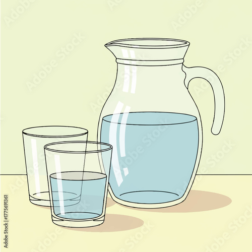 Minimalist illustration of a glass pitcher full of water next to empty drinking glasses, symbolizing pure hydration and simple refreshment crucial for daily health and well-being