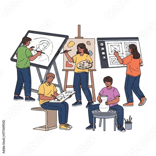 Creative artistic endeavors Painting, drawing, and crafting digital art and pottery