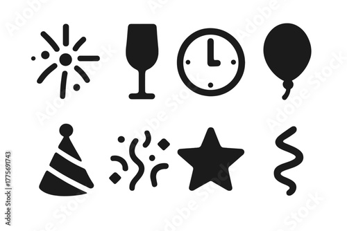 New Year Icons. New Year Celebration. Filled icon set of New Year Celebration: fireworks, champagne glass,