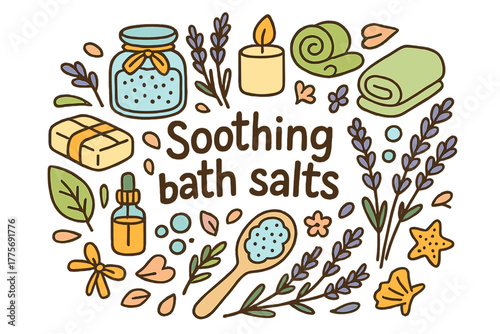 Soothing Bath Salts Doodle. Soothing bath salts. Hand-drawn doodle illustration of Soothing bath salts. jar,
